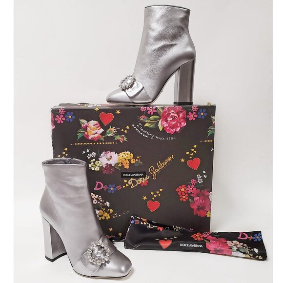 DOLCE & GABBANA BOOTS ANKLE METALLIC SILVER LEATHER JEWELED BUCKLE IT 38 US 7.5 - Picture 13 of 13